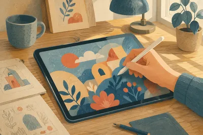 Creative Tablet Drawing on Oak Desk