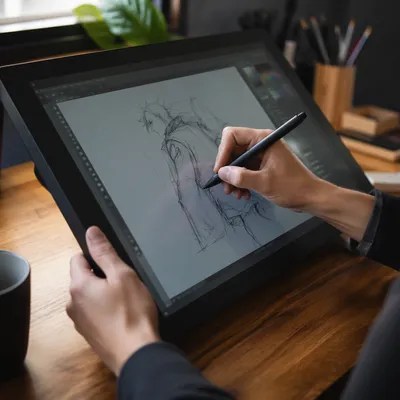 Digital Tablet Drawing on Warm Wooden Desk