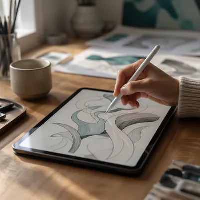 Creative Drawing on Digital Tablet Desk