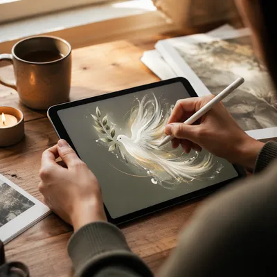 Hands Drawing Luminous Dove on Digital Tablet