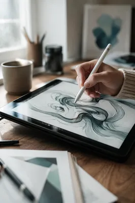 Creative Drawing on Digital Tablet Desk