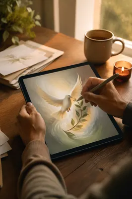 Hands Drawing on Tablet at Desk
