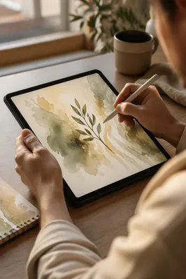 Stylus Drawing Olive Branch on Digital Tablet
