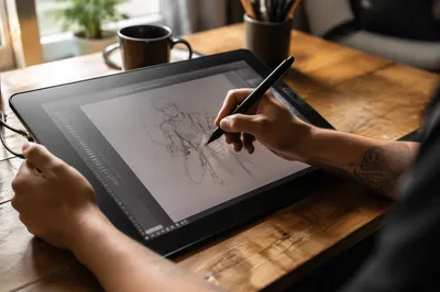 Hands Drawing on Digital Tablet Workspace