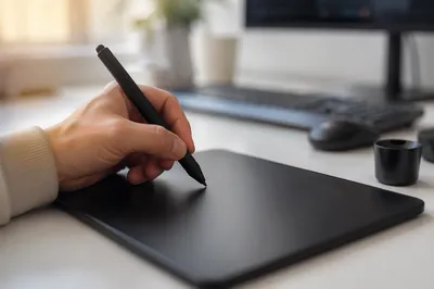 Hand Using Stylus on Drawing Tablet