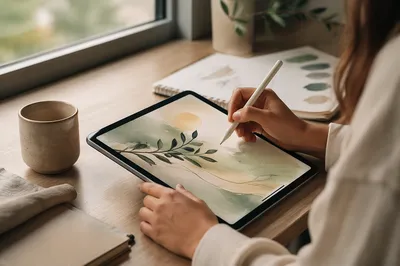 Stylus Drawing Olive Branch on Digital Tablet