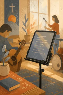 Tablet on Music Stand in Rehearsal Space