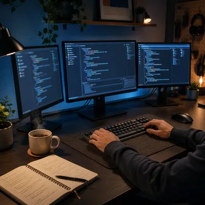 Calm Evening Developer Workspace With Multiple Screens