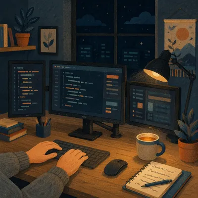 Late Night Developer Workspace with Triple Screens