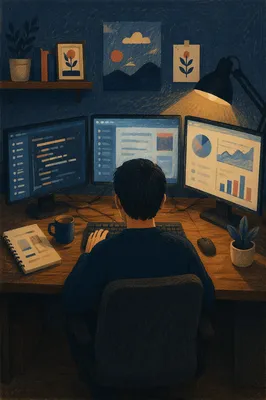 Calm Multi Screen Developer Workspace at Dusk