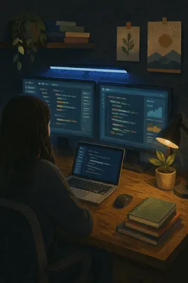 Late Night Developer Workspace with Screens