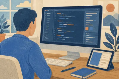Blue Shirt Developer Multi Screen Workspace