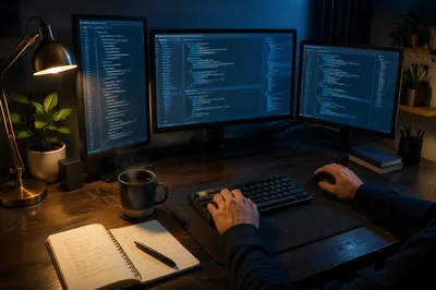 Calm Evening Developer Workspace With Multiple Screens