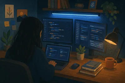 Late Night Developer Workspace with Multiple Screens