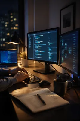 Late Night Developer Workspace with Multiple Screens