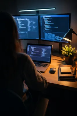 Late Night Developer Workspace with Multiple Screens