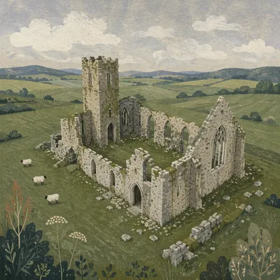 Aerial View of Ruined Medieval Church