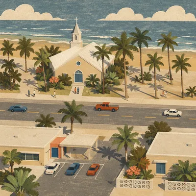 Coastal Church Drone View at Golden Hour