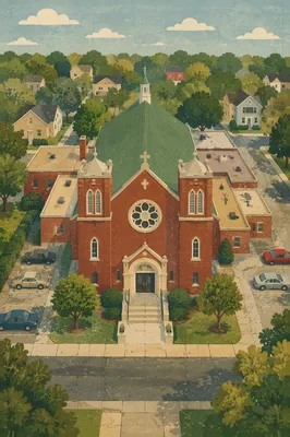 Aerial View of Historic Red Brick Church
