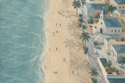 Aerial Coastal Church and Beach Panorama