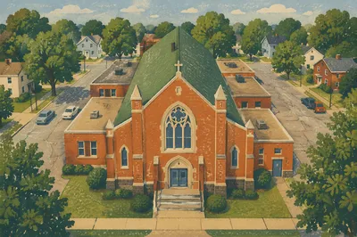 Aerial View of Historic Red Brick Church