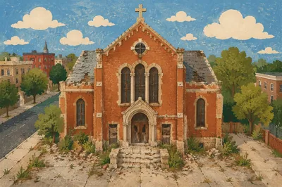 Aerial View of Historic Red Brick Church