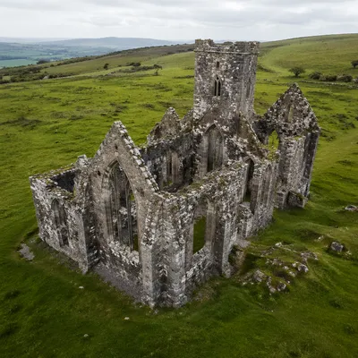 Drone View of Ruined Medieval Church