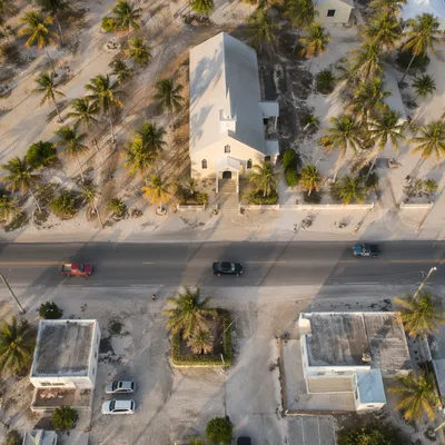 Coastal Church Aerial Drone View at Sunset