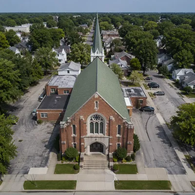 Historic Red Brick Church Drone View