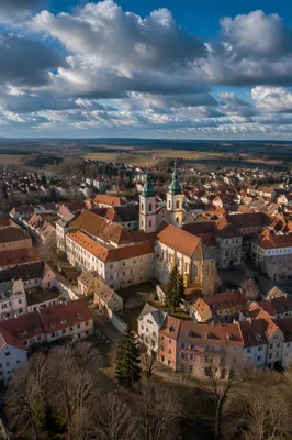 Drone Aerial View of Historic Church Town