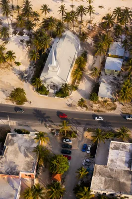 Coastal Church Drone View at Golden Hour