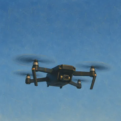 Quadcopter Drone Hovering in Clear Blue Sky