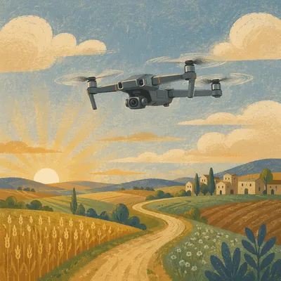Camera Drone Hovering Over Rural Sunrise