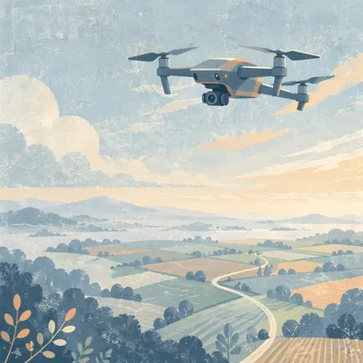 Camera Drone Hovering Over Misty Farmland