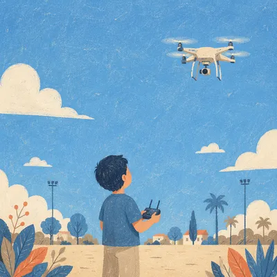 Drone Camera Hovering Over Clear Blue Sky