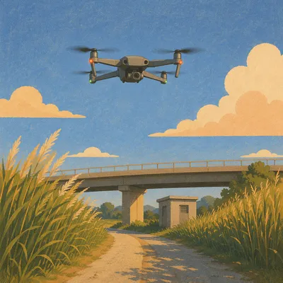 Drone Hovering Above Rural Service Road