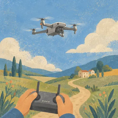 Camera Drone Over Peaceful Countryside Fields