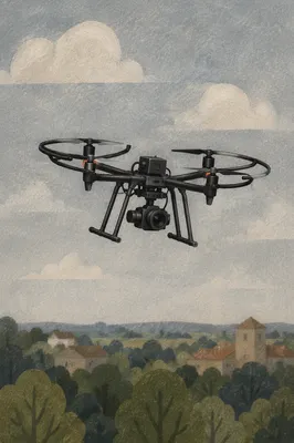 Professional Drone Hovering Over Countryside Sky