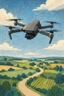 Quadcopter Drone Over Rural Blue Sky