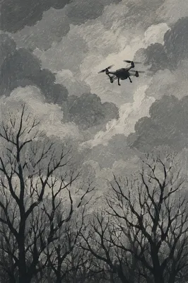 Drone Silhouette Over Winter Branches