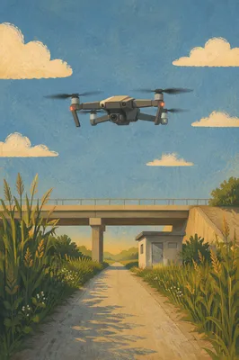 Drone Hovering Above Rural Service Road
