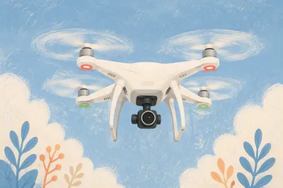 White Quadcopter Drone in Pale Blue Sky