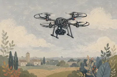 Professional Drone Camera Hovering Over Countryside