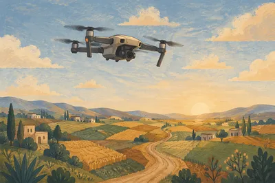 Camera Drone Hovering Above Rural Sunrise Fields