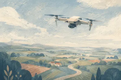 Camera Drone Hovering Over Morning Farmland
