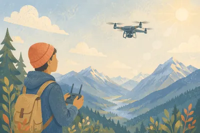 Drone Flying Over Bright Mountain Valley