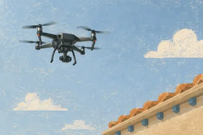 Professional Drone Hovering in Clear Blue Sky