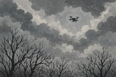 Monochrome Drone Above Winter Branches