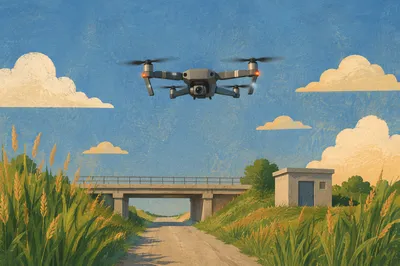 Drone Hovering Above Rural Service Road