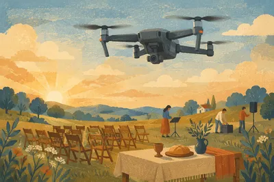 Quadcopter Drone Over Morning Countryside Meadow
